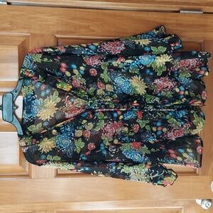 - RAG Floral Black Multi Chiffon Flowy Blouse Trumpet Sleeves, Size 1X, Like New